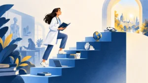 Лікарка з книжкою піднімається сходами навчання